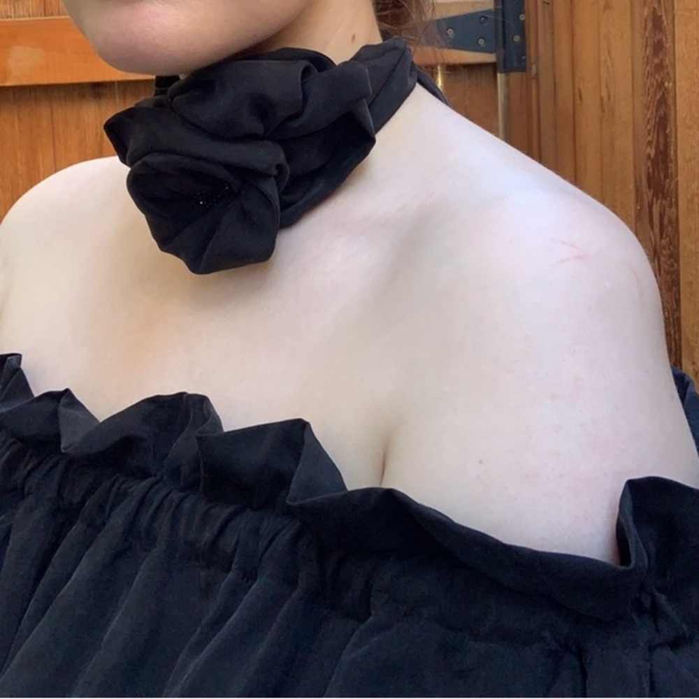 Maternity Long Black Off the Shoulder Dress with Black Rose